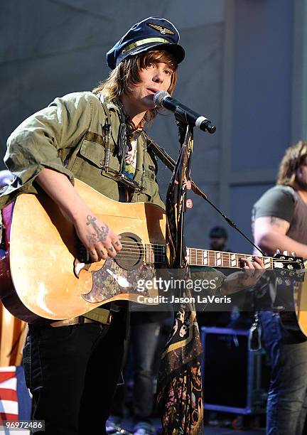 Christofer Ingle of Never Shout Never performs at the "Alice In Wonderland" Great Big Ultimate Fan Event at Hollywood & Highland Courtyard on...