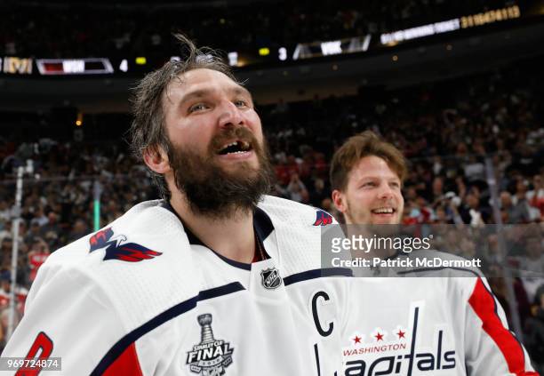 Alex Ovechkin and Alex Chiasson of the Washington Capitals smile about winning the Stanley Cup after the Capitals defeated the Vegas Golden Knights...