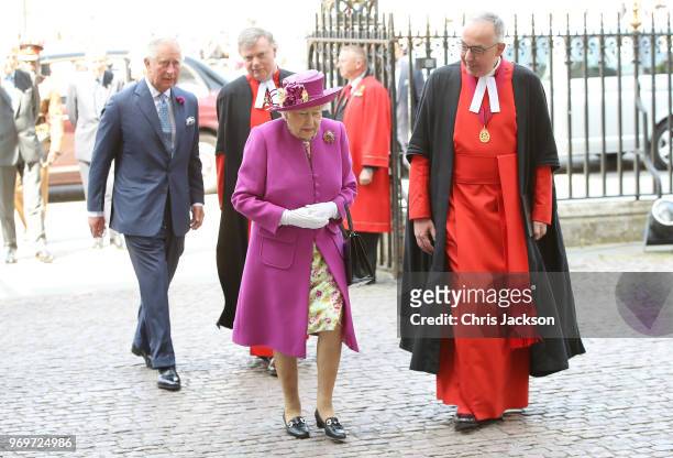 Queen Elizabeth II and Prince Charles, Prince of Wales with the Dean of Westminster Abbey, The Very Reverend Dr John Hall arrive at the opening of...