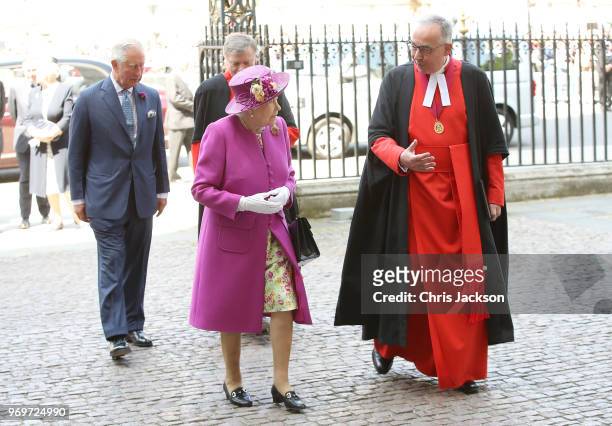 Queen Elizabeth II and Prince Charles, Prince of Wales with the Dean of Westminster Abbey, The Very Reverend Dr John Hall arrive at the opening of...