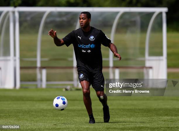 Patrick Kluivert of the Rest of the World takes part in training during Soccer Aid for UNICEF media access at Fulham FC training ground on June 8,...