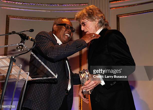 Musician Sam Moore accepts the AMEE Lifetime Achievement Award in Sound Recordings from radio personality Don Imus at the 2010 AFTRA AMEE Awards at...