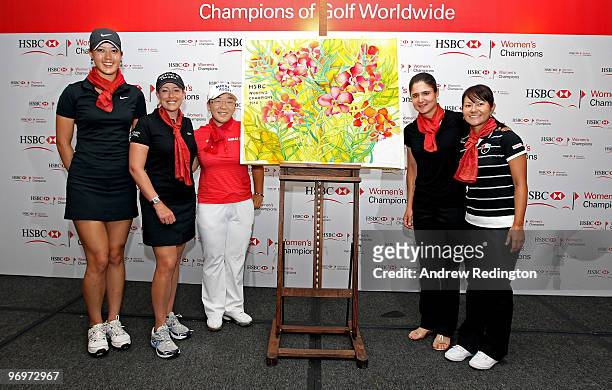 Michelle Wie of the USA, Christie Kerr of the USA, Jiyai Shin of South Korea, Lorena Ochoa of Mexico and Ai Miyazato of Japan pose next to the batik...