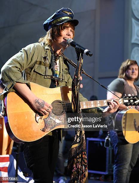 Christofer Ingle of Never Shout Never performs at the "Alice In Wonderland" Great Big Ultimate Fan Event at Hollywood & Highland Courtyard on...