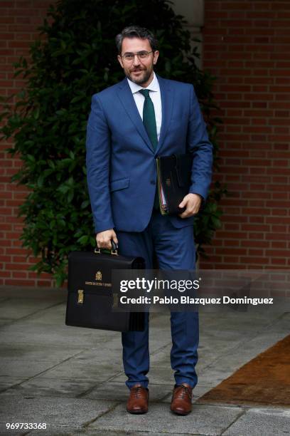 Spanish minister of culture and sports Maxim Huerta arrives to Pedro Sanchez's first cabinet meeting at the Moncloa Palace on June 8, 2018 in Madrid,...