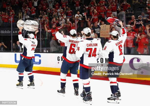 Alex Ovechkin, Andre Burakovsky, John Carlson and Michal Kempny of the Washington Capitals celebrate winning the Stanley Cup by defeating the Vegas...