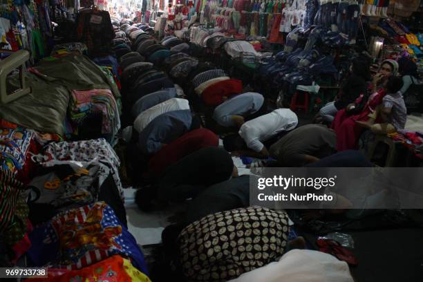 Muslims performing the friday prayer in the Tanah Abang shopping center, Jakarta, on Friday, june 8, 2018. This is the last friday prayer in the holy...