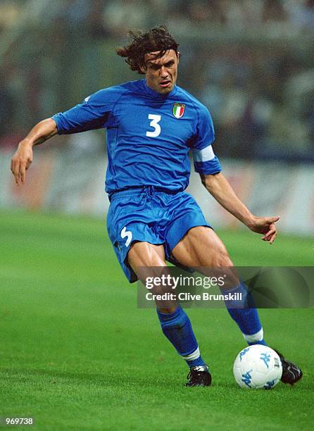 Paolo Maldini of Italy on the ball during the FIFA 2002 World Cup Qualifier against Hungary played at the Ennio Tardini Stadium in Parma, Italy....