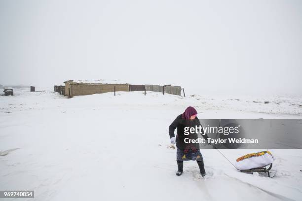 Woman collects snow to be melted for drinking in Tastubek, Kazakhstan. The Aral Sea, once the fourth-largest lake in the world, started drying out...