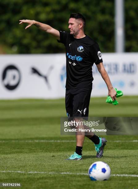 Robbie Keane of the Rest of the World takes part in training during Soccer Aid for UNICEF media access at Fulham FC training ground on June 8, 2018...