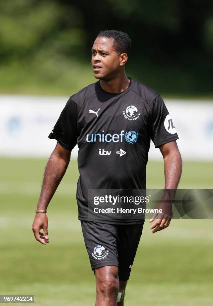 Patrick Kluivert of the Rest of the World takes part in training during Soccer Aid for UNICEF media access at Fulham FC training ground on June 8,...