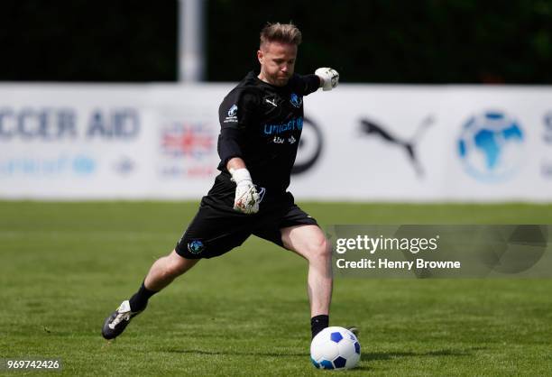 Nicky Byrne of the Rest of the World takes part in training during Soccer Aid for UNICEF media access at Fulham FC training ground on June 8, 2018 in...