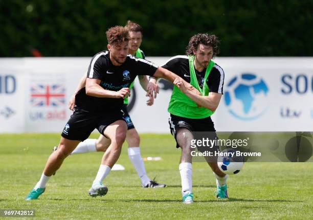 Myles Stephenson and Blake Harrison of England take part in training during Soccer Aid for UNICEF media access at Fulham FC training ground on June...
