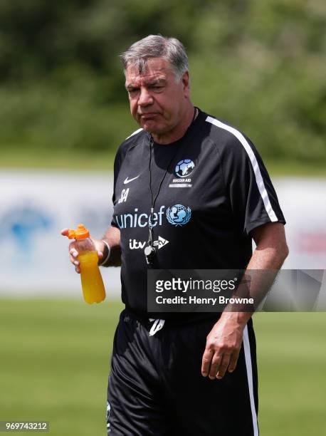 Sam Allardyce manager of England takes part in training during Soccer Aid for UNICEF media access at Fulham FC training ground on June 8, 2018 in New...