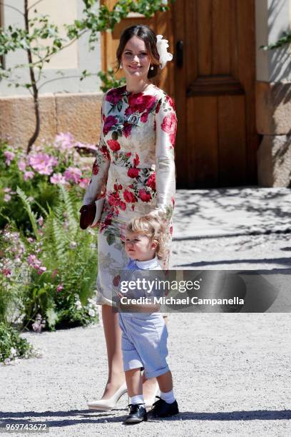 Princess Sofia of Sweden and Prince Alexander of Sweden pose after the christening of Princess Adrienne of Sweden at Drottningholm Palace Chapel on...