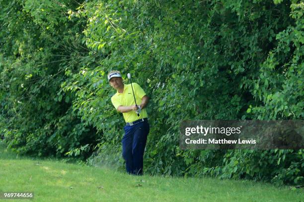 Søren Kjeldsen of Denmark plays his second shot on the 3rd hole during day two of The 2018 Shot Clock Masters at Diamond Country Club on June 8, 2018...