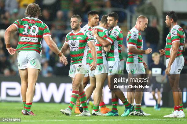 Robbie Farah of the Rabbitohs celebrates winning the round 14 NRL match between the Gold Coast Titans and the South Sydney Rabbitohs at Cbus Super...