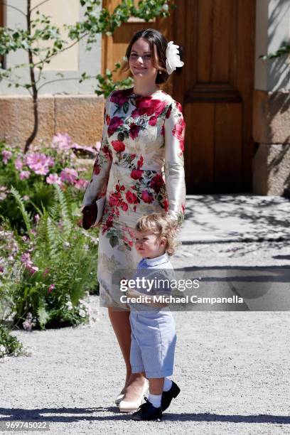 Princess Sofia of Sweden and Prince Alexander of Sweden pose after the christening of Princess Adrienne of Sweden at Drottningholm Palace Chapel on...