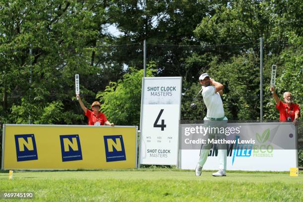 Lee Slattery of England tees off on the 4th hole during day two of The 2018 Shot Clock Masters at Diamond Country Club on June 8, 2018 in Atzenbrugg,...
