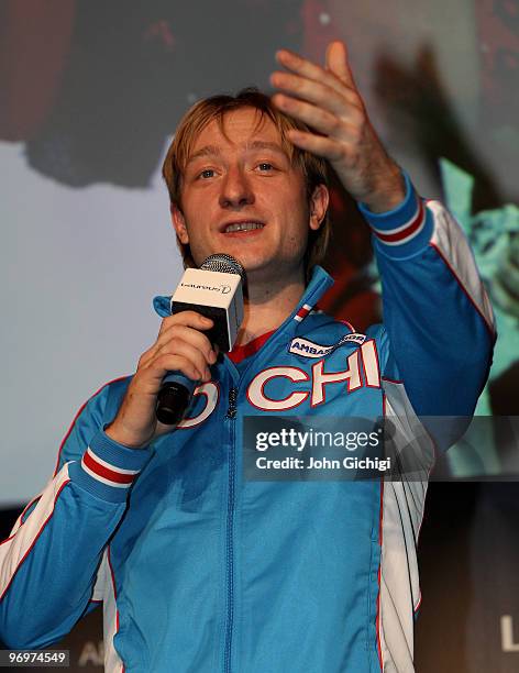 Russia's figure skating silver medallist Evgeni Plushenko tolds to the attending media during the Laureus/AIPS Media event at Casa Italia Vancouver...