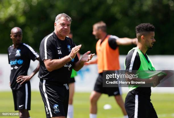 Sam Allardyce manager of England takes part in training during Soccer Aid for UNICEF media access at Fulham FC training ground on June 8, 2018 in New...