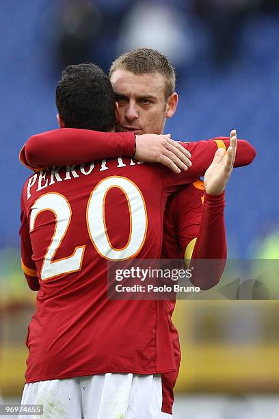 Daniele De Rossi and Simone Perrotta of AS Roma celebrate the victory after the Serie A match between AS Roma and Catania Calcio at Stadio Olimpico...