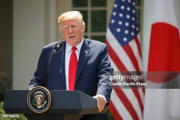 President Donald Trump speaks to the public after a bilateral meeting at the White House.