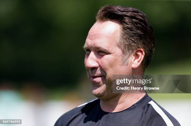 David Seaman of England takes part in training during Soccer Aid for UNICEF media access at Fulham FC training ground on June 8, 2018 in New Malden,...