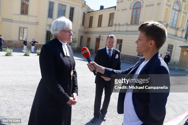 Archbishop of the Swedish church Antje Jackelen is interviewed after the christening of Princess Adrienne of Sweden at Drottningholm Palace Chapel on...