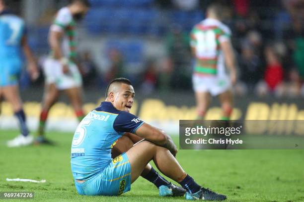 Phillip Sami of the Titans looks on after losing the round 14 NRL match between the Gold Coast Titans and the South Sydney Rabbitohs at Cbus Super...
