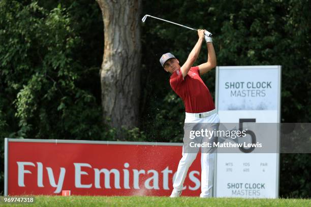 Matthias Schwab of Austria tees off on the 5th hole during day two of The 2018 Shot Clock Masters at Diamond Country Club on June 8, 2018 in...