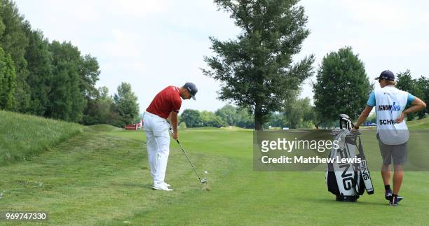 Matthias Schwab of Austria plays his second shot on the 4th hole during day two of The 2018 Shot Clock Masters at Diamond Country Club on June 8,...