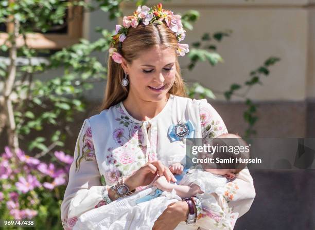 Princess Madeleine of Sweden and Princess Adrienne of Sweden attend the christening of Princess Adrienne of Sweden at Drottningholm Palace Chapel on...