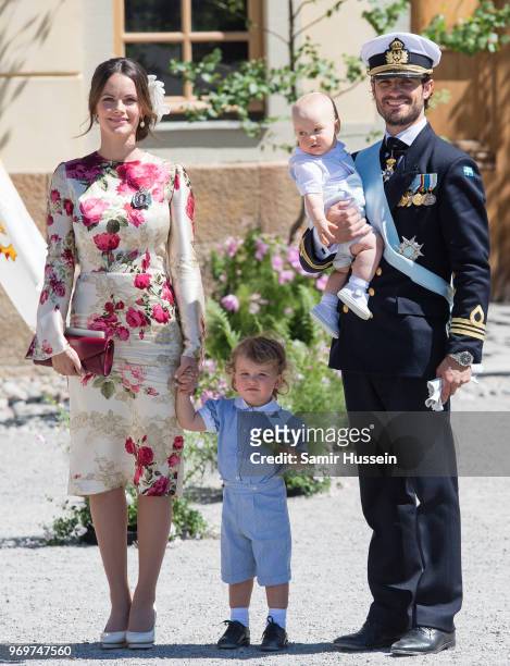 Princess Sofia of Sweden,Prince Alexander of Sweden and Prince Carl Phillip of Sweden holding Prince Gabriel of Sweden attend the christening of...