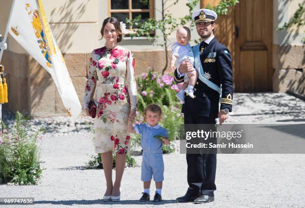 Princess Sofia of Sweden,Prince Alexander of Sweden and Prince Carl Phillip of Sweden holding Prince Gabriel of Sweden attend the christening of...