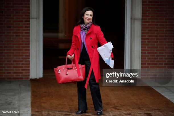 New Spanish Defense Minister, Margarita Robles, is seen upon her arrival at La Moncloa Palace to attend the first cabinet meeting chaired by new...