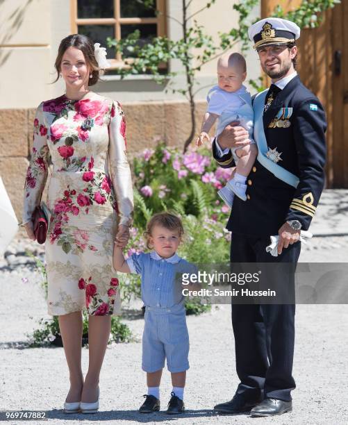 Princess Sofia of Sweden,Prince Alexander of Sweden and Prince Carl Phillip of Sweden holding Prince Gabriel of Sweden attend the christening of...