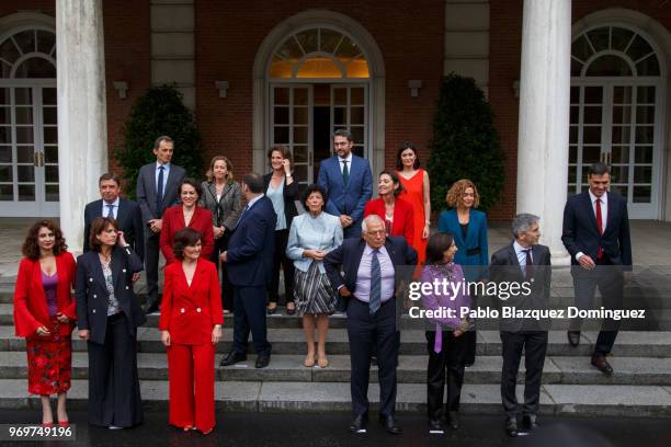 Spanish Prime Minister Pedro Sanchez walks downstairs to pose for the press with Spanish minister for finance Maria Jesus Montero, Spanish minister...