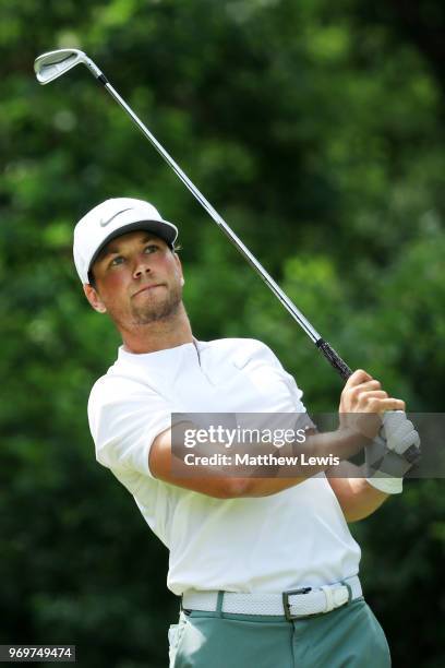 Oscar Lengdén of Sweden tees off on the 2nd hole during day two of The 2018 Shot Clock Masters at Diamond Country Club on June 8, 2018 in Atzenbrugg,...