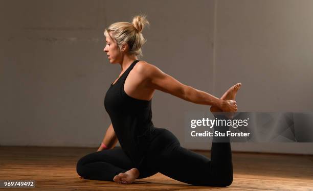 Yoga teacher and Wales and Ospreys Rugby Union player Alecs Donovan pictured demonstrating a Pigeon Pose/ Eka Pada Rajakapotasana during a Yoga...