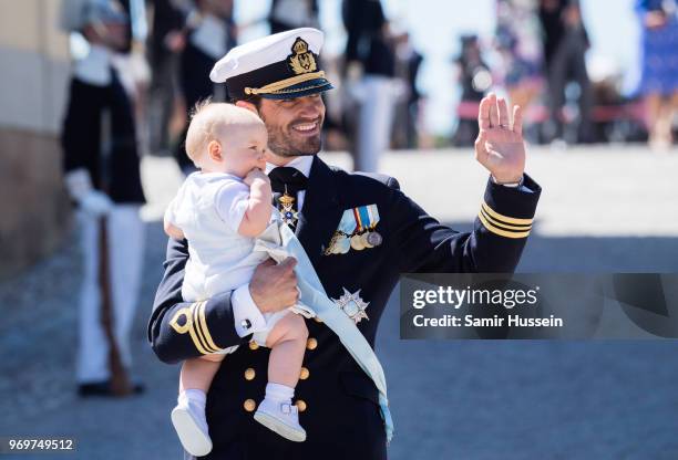 Prince Carl Phillip of Sweden and Prince Gabriel of Sweden attend the christening of Princess Adrienne of Sweden at Drottningholm Palace Chapel on...