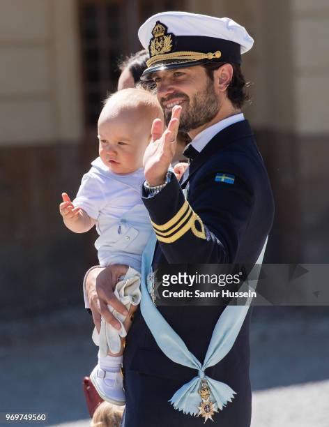 Prince Carl Phillip of Sweden and Prince Gabriel of Sweden attend the christening of Princess Adrienne of Sweden at Drottningholm Palace Chapel on...