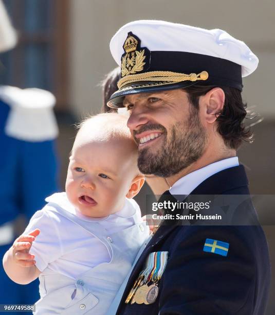 Prince Carl Phillip of Sweden and Prince Gabriel of Sweden attend the christening of Princess Adrienne of Sweden at Drottningholm Palace Chapel on...