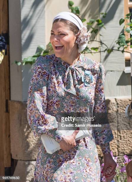 Princess Victoria of Sweden attends the christening of Princess Adrienne of Sweden at Drottningholm Palace Chapel on June 8, 2018 in Stockholm,...