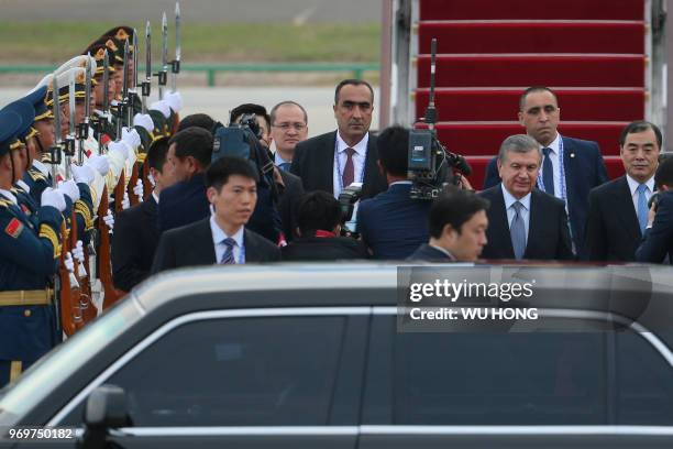 Uzbekistan President Shavkat Mirziyoyev arrives at Qingdao Liuting International Airport in Qingdao, China's Shandong province on June 8, 2018.