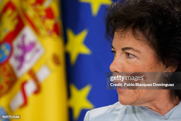 Spanish government's spokeswoman and minister of education Isabel Celaa speaks during a press conference after the first cabinet meeting of the new...