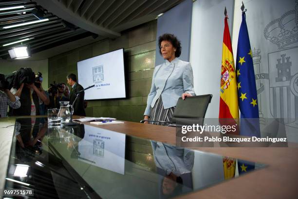 Spanish government's spokeswoman and minister of education Isabel Celaa arrives to a press conference after the first cabinet meeting of the new...