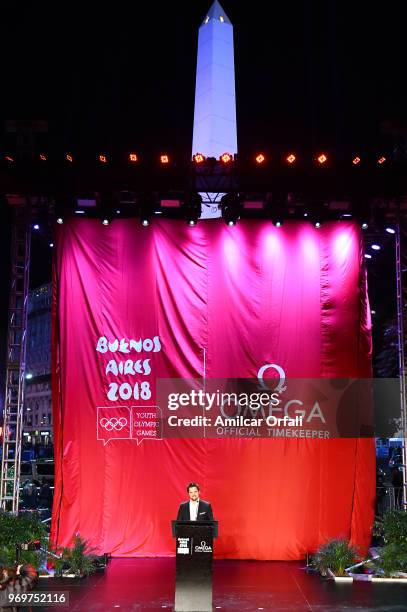 Gregoire Sierro, Omega Latin America Brand Manger talks during the release of the official OMEGA countdown clock 120 days ahead of Youth Olympic...