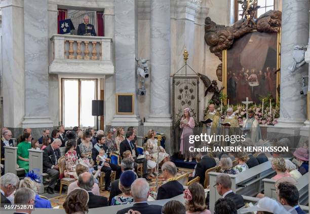 Godparent Anouska D'Abo reads during Princess Adrienne's christening ceremony in Drottningholm Palace Chapel in Stockholm, Sweden on June 8, 2018. -...