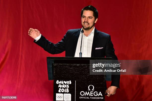 Gregoire Sierro, Omega Latin America Brand Manger talks during the release of the official OMEGA countdown clock 120 days ahead of Youth Olympic...